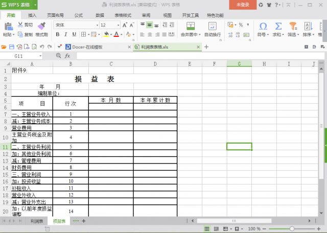 损益表表格(利润表)