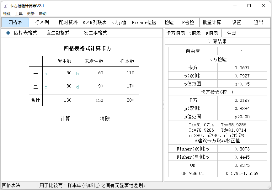 卡方检验计算器